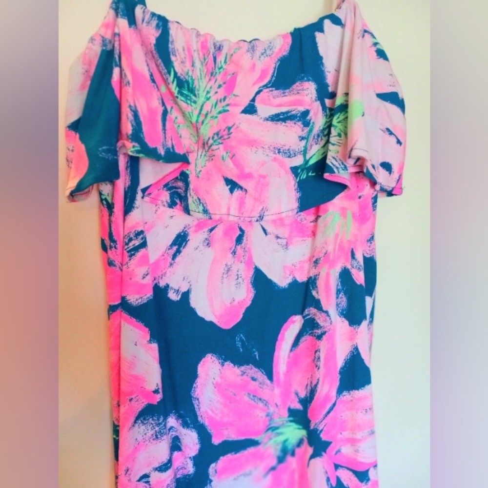 LILLY PULITZER Pink & Teal Hibiscus Floral Ruffle Mini Dress Size L